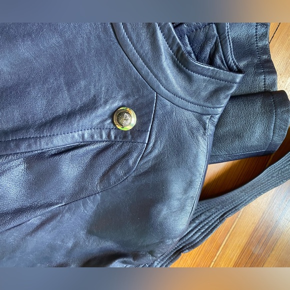 Vintage new 90s Mignon genuine leather blue purple belted long sleeve dress - Picture 4 of 9